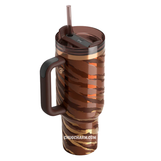 Side angle of the 40 OZ Stanley Tyla Tyger Tumbler highlighting the comfort-grip handle and sleek finish.