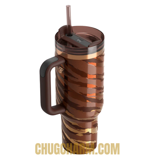 Side angle of the 40 OZ Stanley Tyla Tyger Tumbler highlighting the comfort-grip handle and sleek finish.