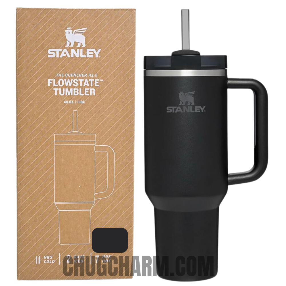Stanley 40 oz Tumbler in Black with a durable handle and double-wall insulation for superior temperature retention.