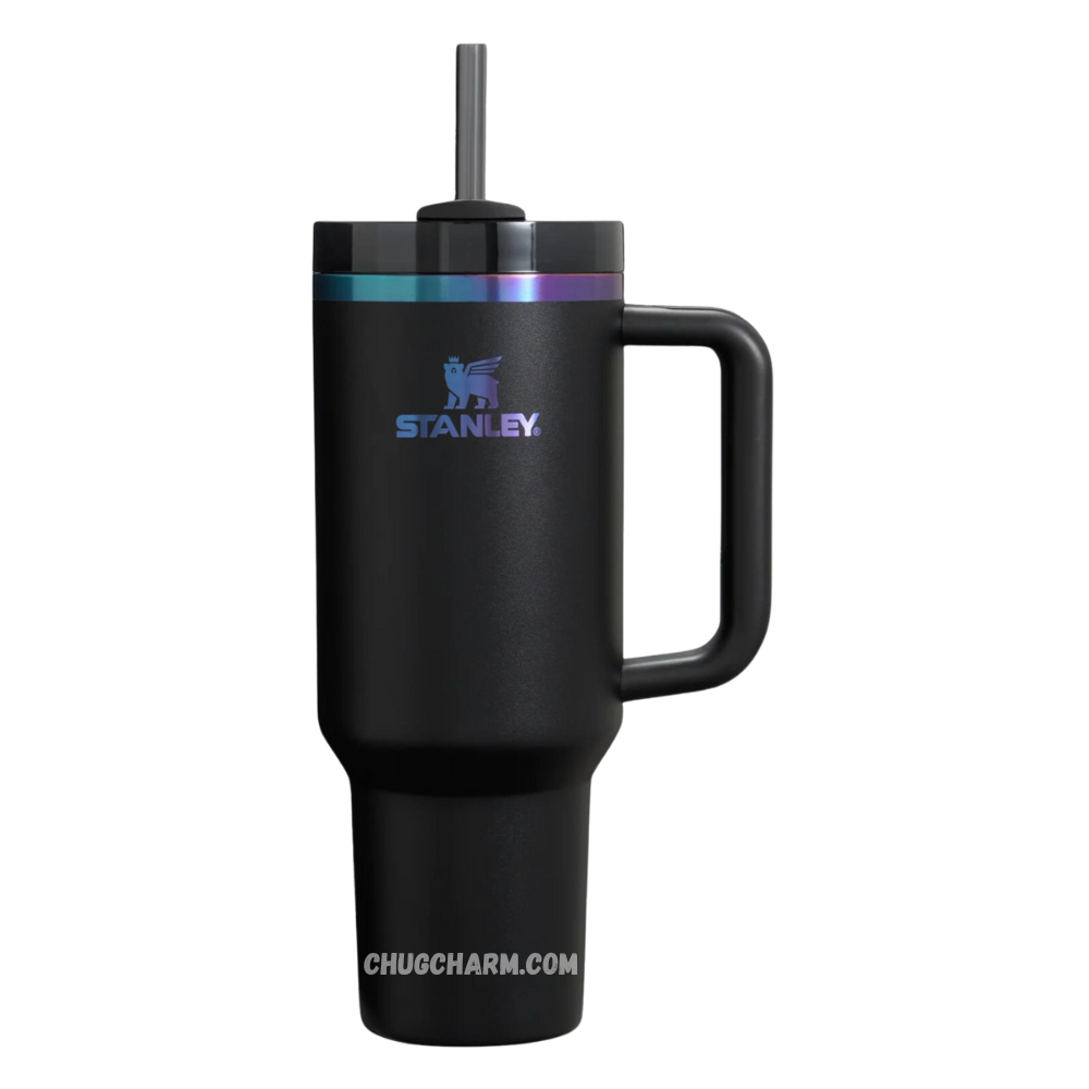 Stanley 40 oz Tumbler in Black Chroma with a sleek design, durable handle, and double-wall insulation for excellent temperature retention.