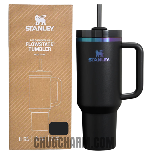 Stanley 40 oz Tumbler in Black Chroma with a sleek design, durable handle, and double-wall insulation for excellent temperature retention.