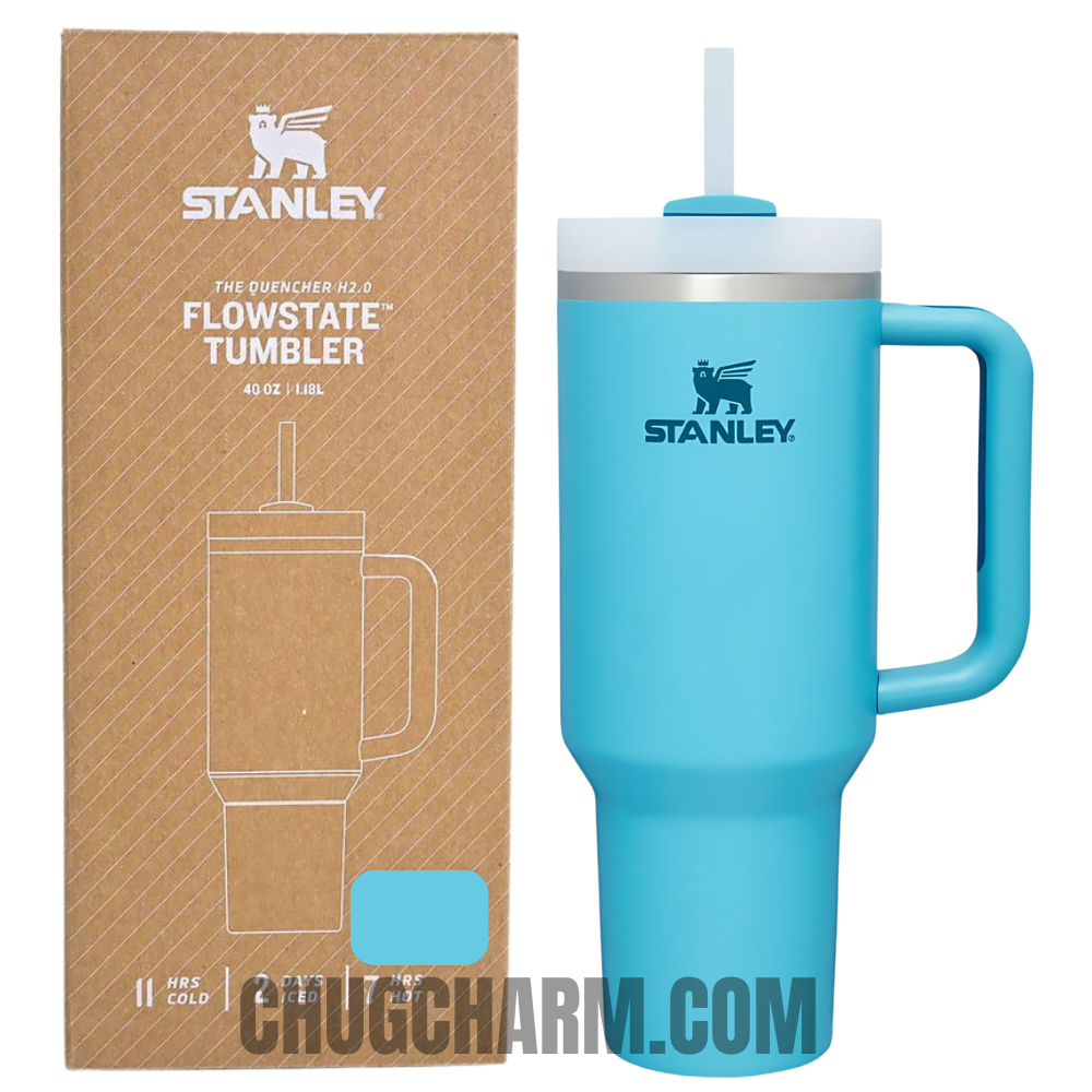 Stanley 40 oz Tumbler in Blue Pool with a durable handle and double-wall insulation for maintaining your drinks at the perfect temperature.