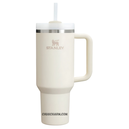 Stanley 40 oz Tumbler in Cream White with a durable handle and double-wall insulation for maintaining your drink's temperature.