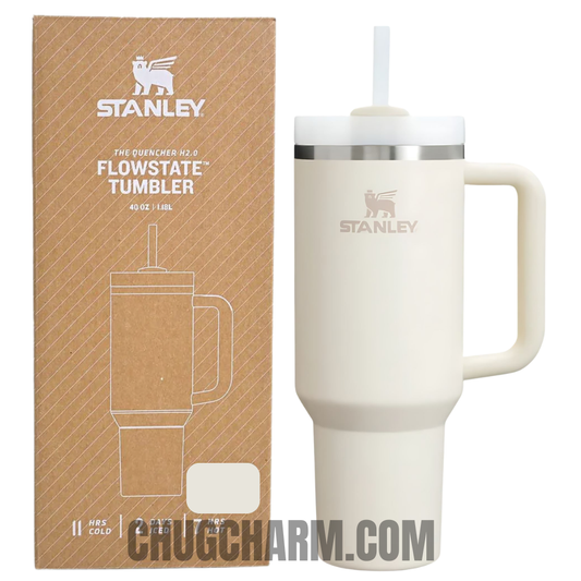 Stanley 40 oz Tumbler in Cream White with a durable handle and double-wall insulation for maintaining your drink's temperature.