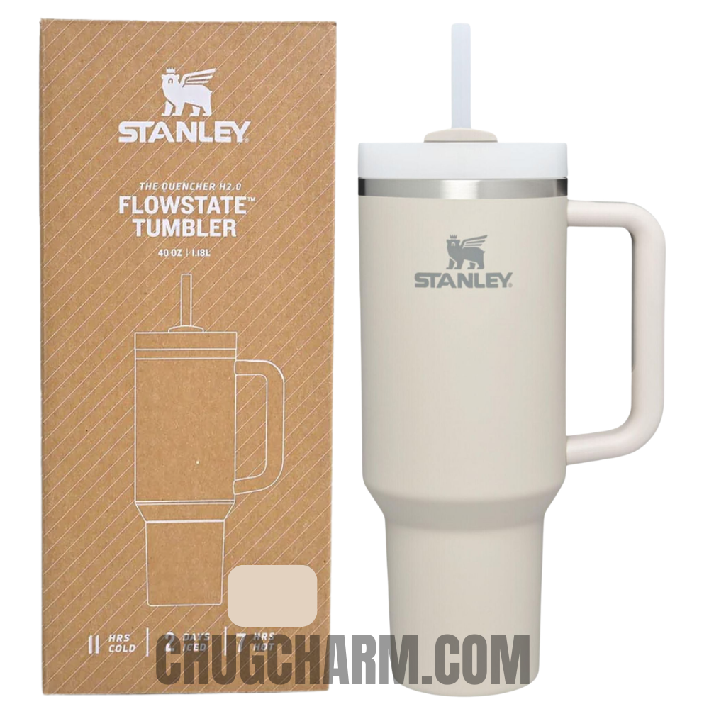 Stanley 40 oz Tumbler in Dune with a durable handle and double-wall insulation for optimal temperature retention.
