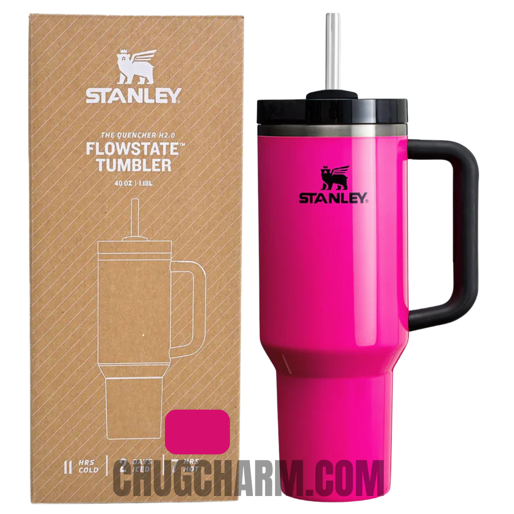 Stanley 40 oz Tumbler in Electric Pink, featuring a sleek design, durable handle, and double-wall insulation for superior temperature retention, perfect for on-the-go hydration.