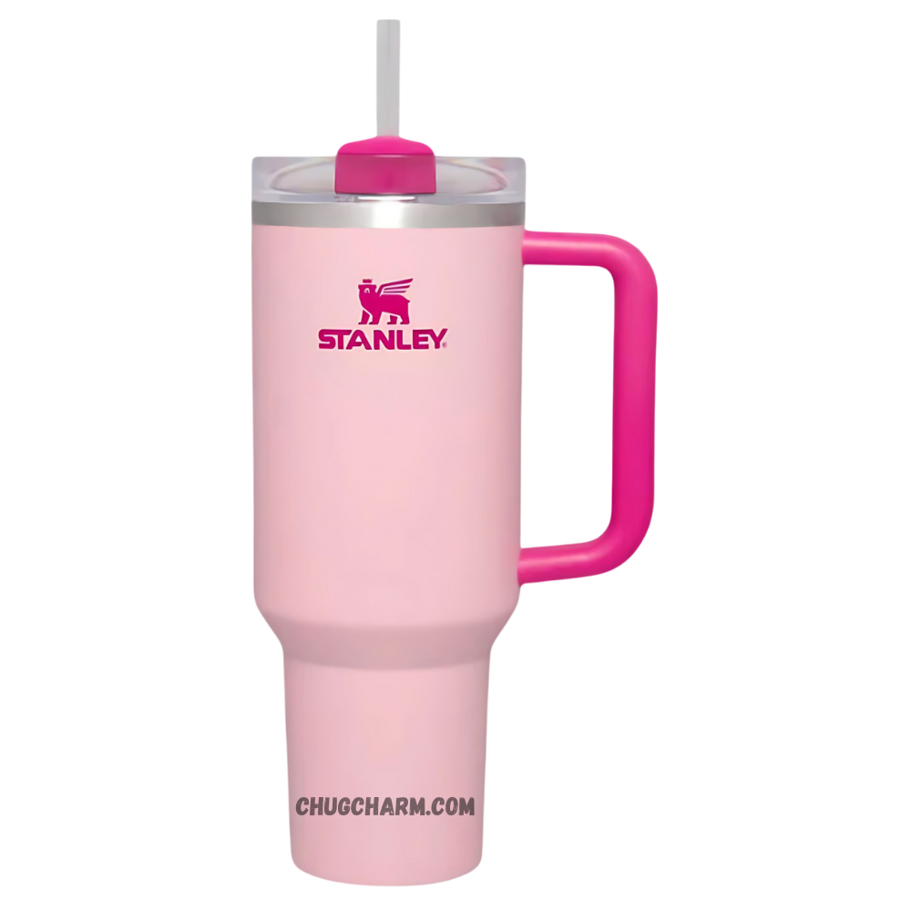 Stanley 40 oz Tumbler in Flamingo Pink with a sturdy handle and double-wall insulation for superior temperature retention.