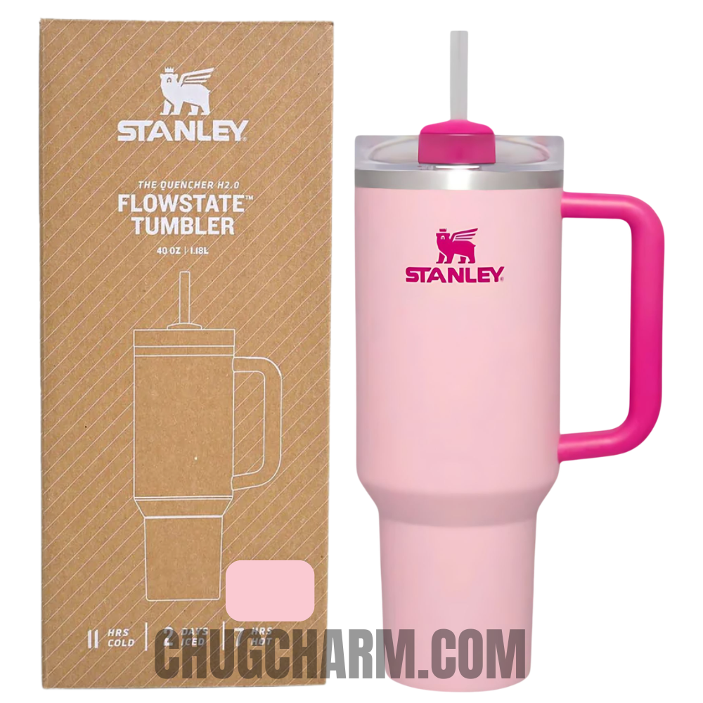 Stanley 40 oz Tumbler in Flamingo Pink with a sturdy handle and double-wall insulation for superior temperature retention.