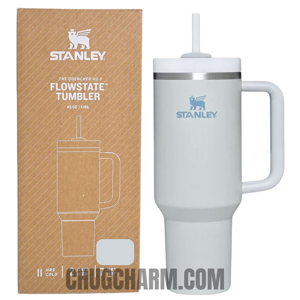 Stanley 40 oz Tumbler in Fog with a sturdy handle and double-wall insulation for maintaining drink temperature.