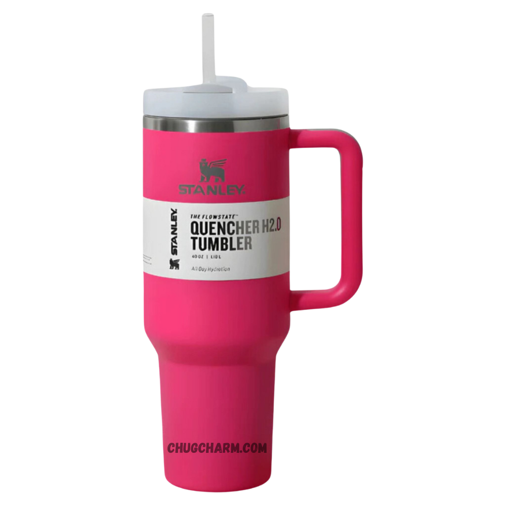 Stanley 40 oz Tumbler in Hot Pink with an ergonomic handle and double-wall insulation.