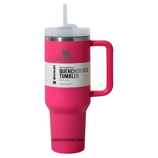 Stanley 40 oz Tumbler in Hot Pink with an ergonomic handle and double-wall insulation.