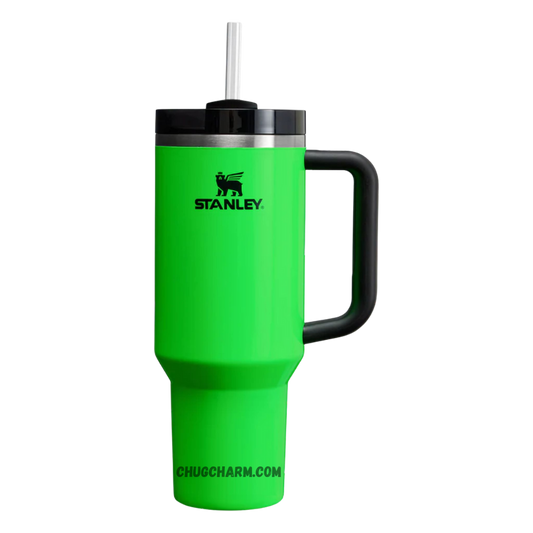 Stanley 40 oz Tumbler in Neon Green with a durable handle and double-wall insulation for maintaining the perfect temperature of your drinks.