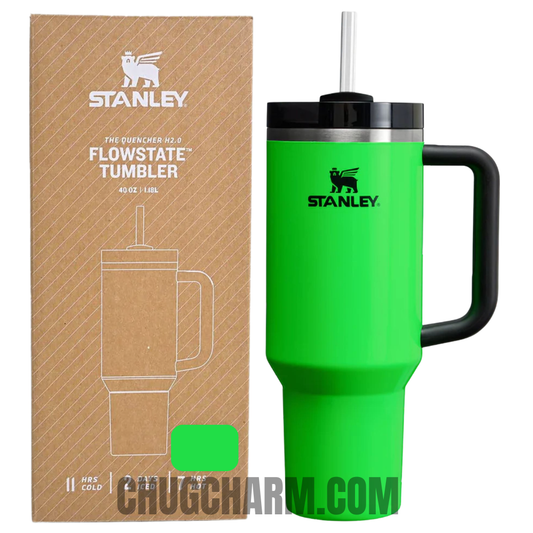 Stanley 40 oz Tumbler in Neon Green with a durable handle and double-wall insulation for maintaining the perfect temperature of your drinks.