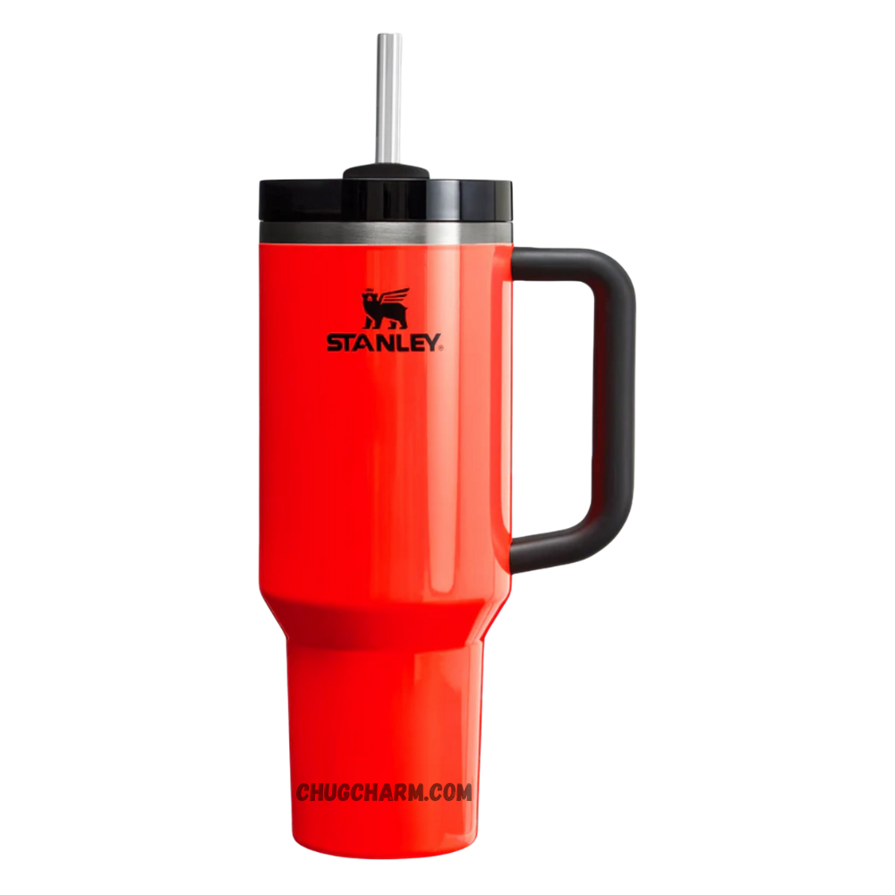 Stanley 40 oz Tumbler in Neon Orange with an ergonomic handle and double-wall insulation for excellent temperature control.