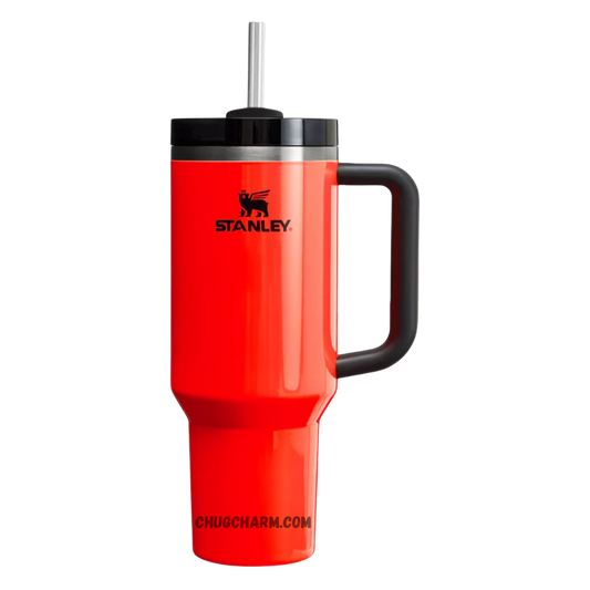 Stanley 40 oz Tumbler in Neon Orange with an ergonomic handle and double-wall insulation for excellent temperature control.