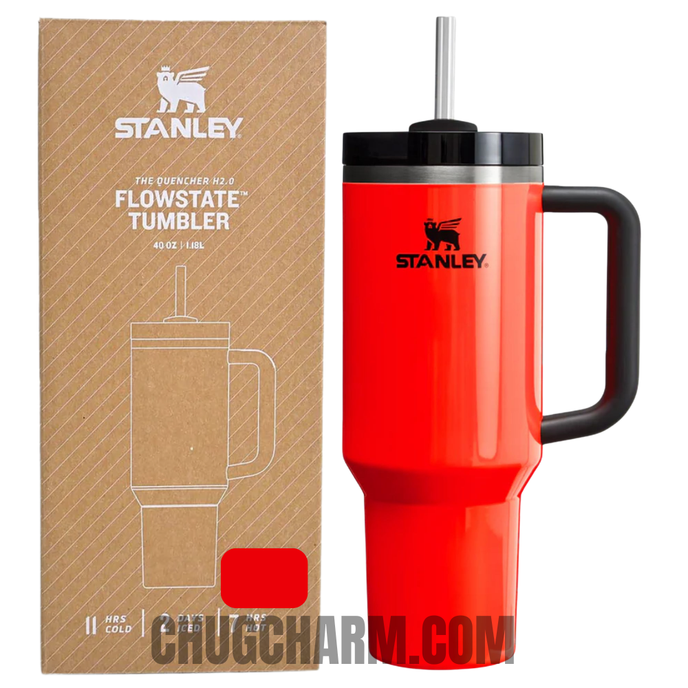 Stanley 40 oz Tumbler in Neon Orange with an ergonomic handle and double-wall insulation for excellent temperature control.