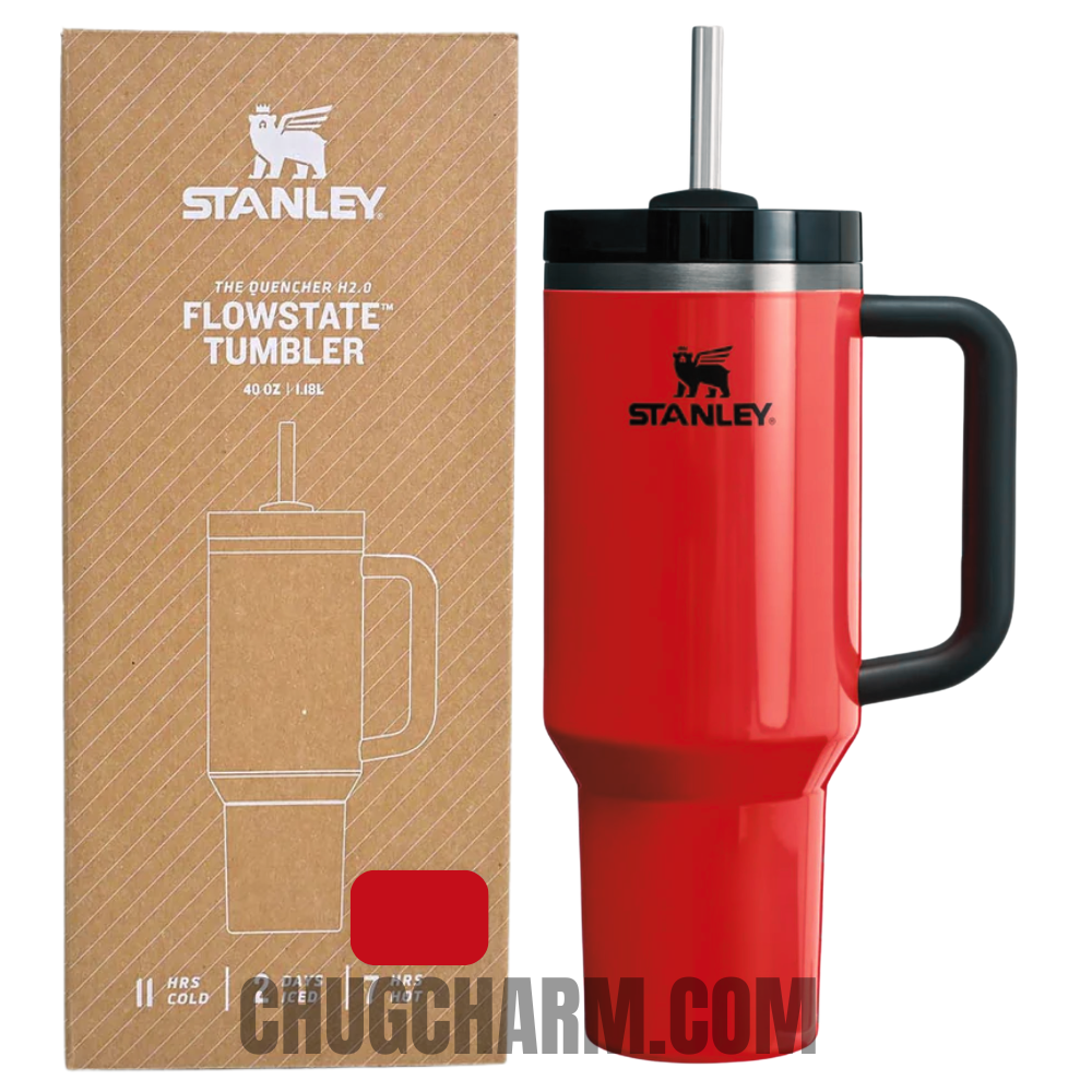 Stanley 40 oz Tumbler in Neon Orange with an ergonomic handle and double-wall insulation for excellent temperature control.