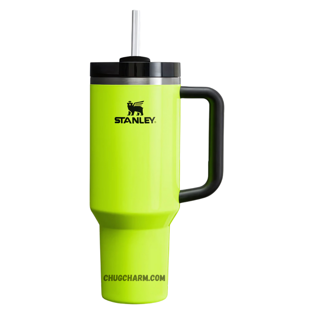 Stanley 40 oz Tumbler in Neon Yellow with a sturdy handle and double-wall insulation for superior temperature retention.