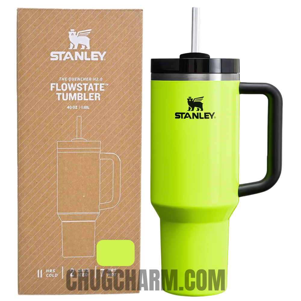Stanley 40 oz Tumbler in Neon Yellow with a sturdy handle and double-wall insulation for superior temperature retention.