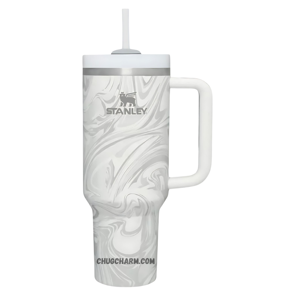 Stanley 40 oz Tumbler in Polar Swirl, designed with a stylish and unique swirl pattern, featuring a sturdy handle and double-wall insulation for excellent temperature retention, ideal for keeping drinks hot or cold.