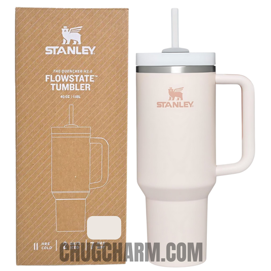 Stanley 40 oz Tumbler in Rose Quartz with a durable handle and double-wall insulation for keeping drinks at the perfect temperature.