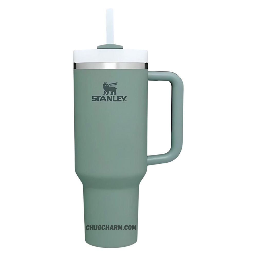Stanley 40 oz Tumbler in Shale Dark Green with a sturdy handle and double-wall insulation for superior temperature retention.