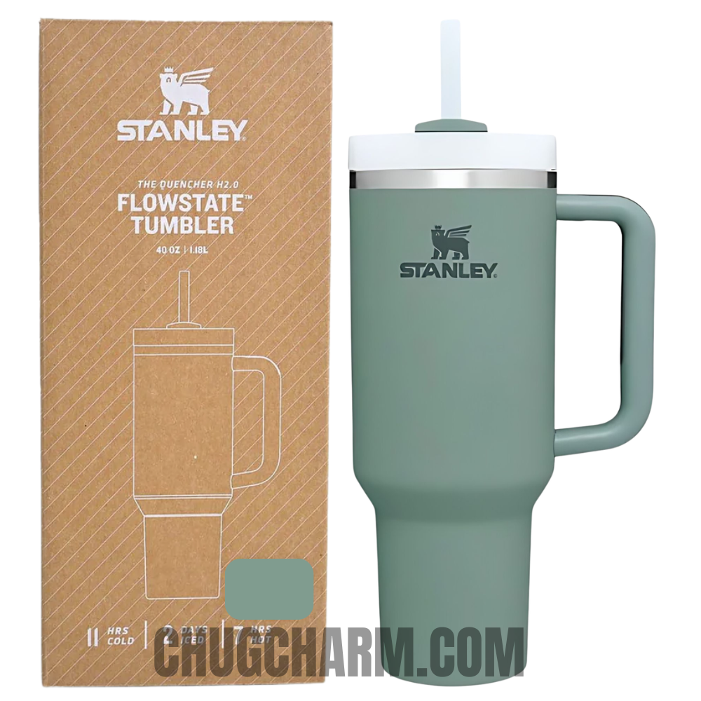 Stanley 40 oz Tumbler in Shale Dark Green with a sturdy handle and double-wall insulation for superior temperature retention.