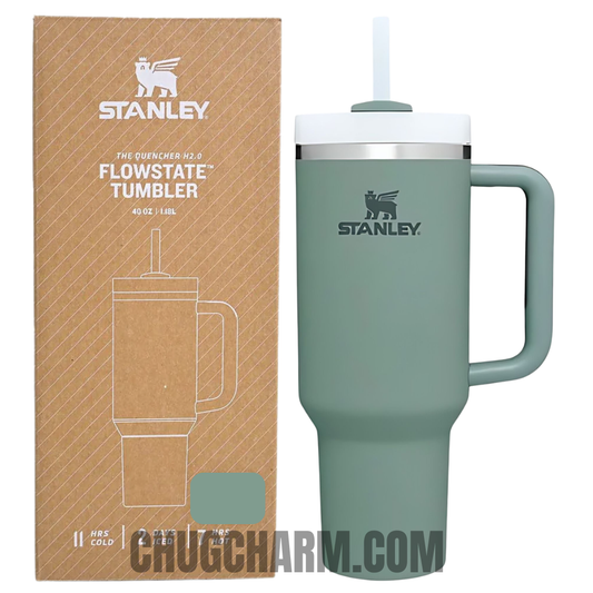 Stanley 40 oz Tumbler in Shale Dark Green with a sturdy handle and double-wall insulation for superior temperature retention.
