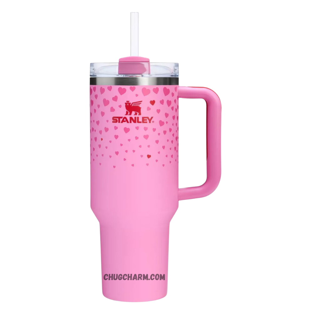 Stanley 40 oz Tumbler in Target Pink with a sturdy handle and double-wall insulation for maintaining your drink's temperature.
