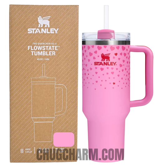 Stanley 40 oz Tumbler in Target Pink with a sturdy handle and double-wall insulation for maintaining your drink's temperature.