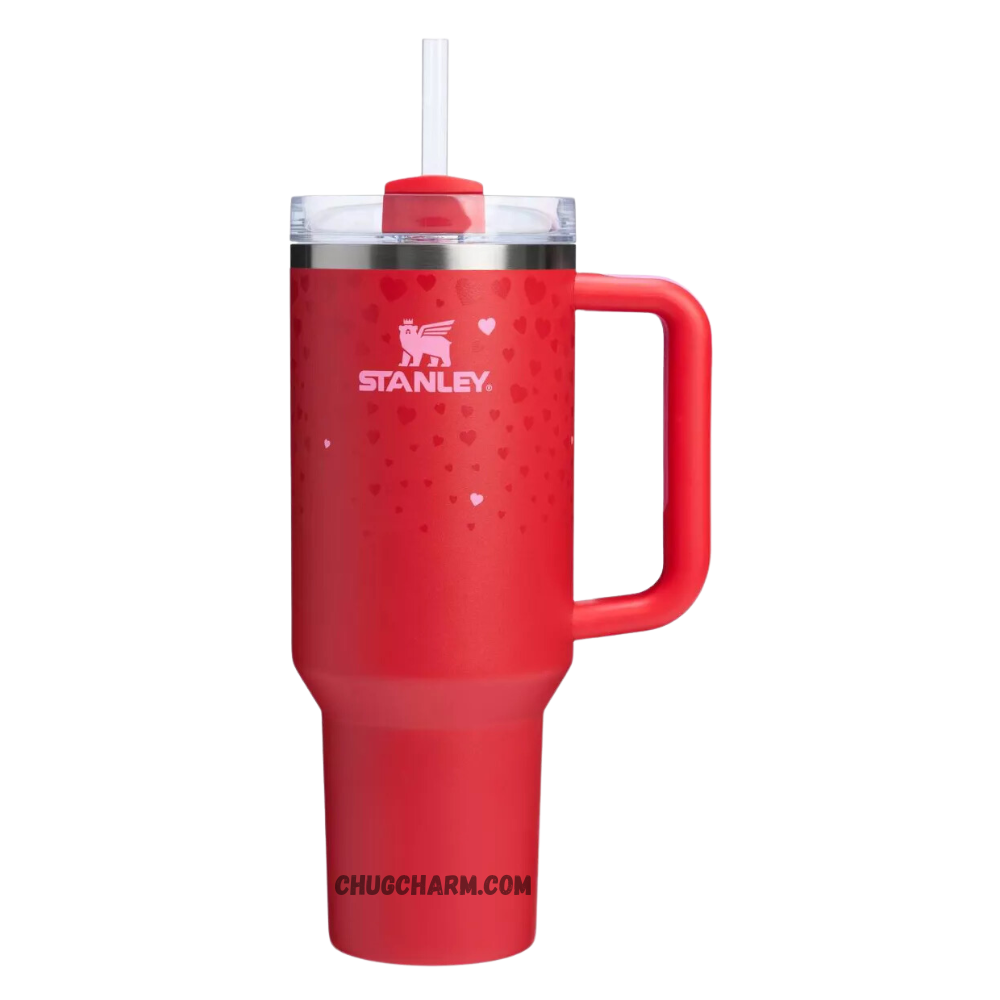 Stanley 40 oz Tumbler in Target Red with a sturdy handle and double-wall insulation for superior temperature retention.