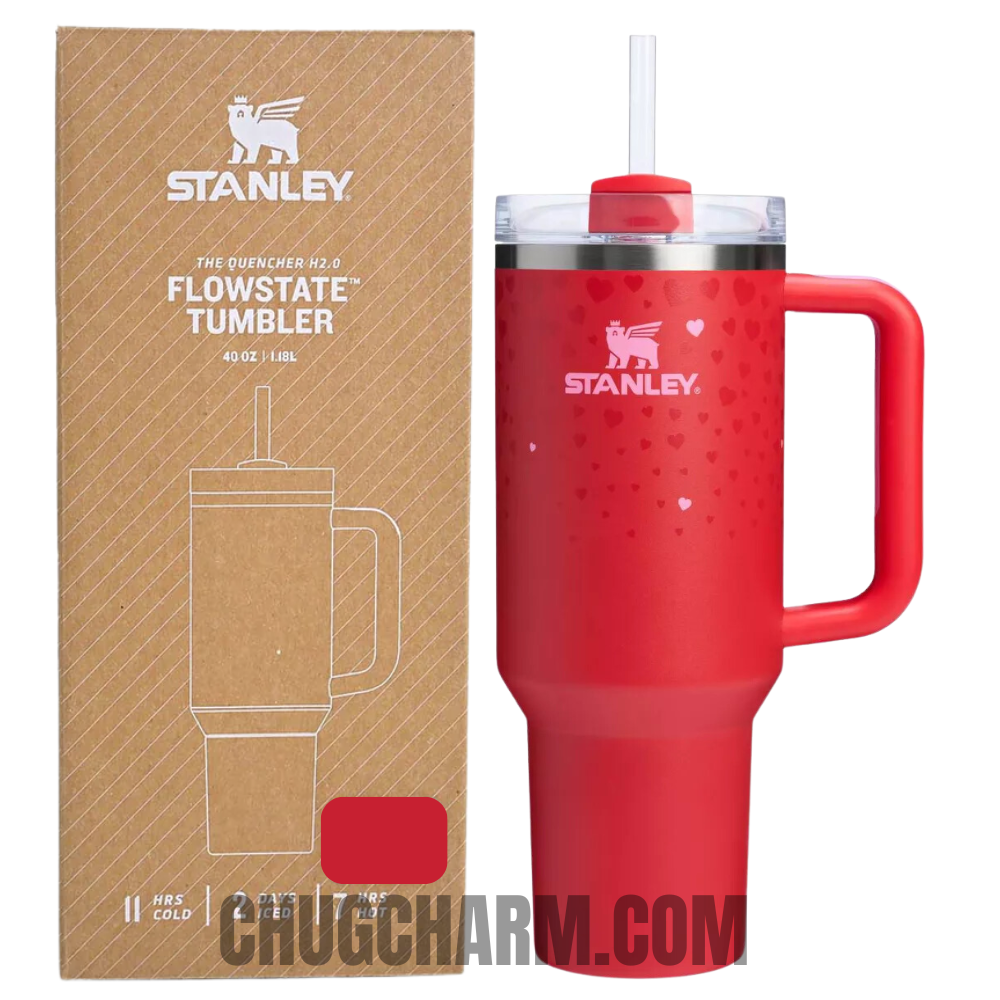 Stanley 40 oz Tumbler in Target Red with a sturdy handle and double-wall insulation for superior temperature retention.