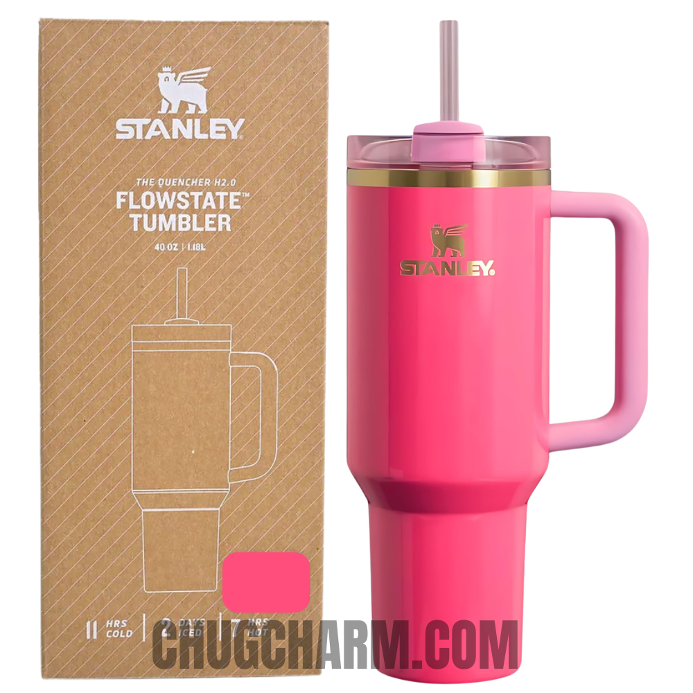 Stanley 40 oz Tumbler in Watermelon Red with a durable handle and double-wall insulation for maintaining drink temperature.