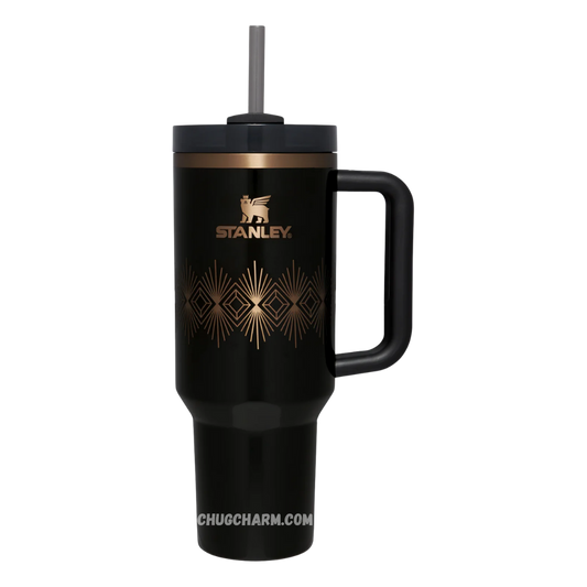 Stanley Black Gloss Deco 40oz Tumbler – sleek insulated tumbler with a glossy black finish, offering a bold and elegant design for everyday use.