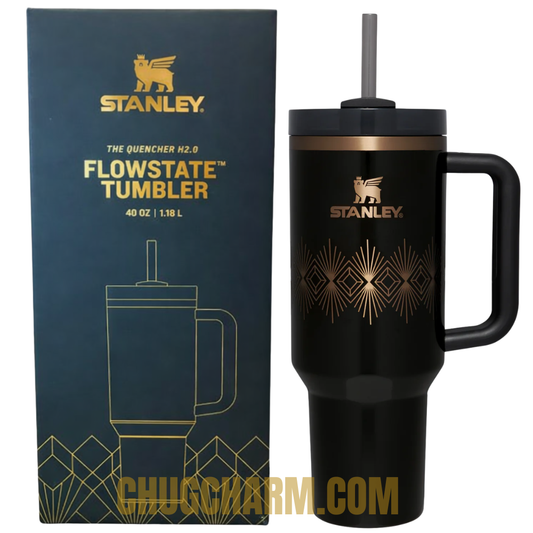 Stanley Black Gloss Deco 40oz Tumbler – sleek insulated tumbler with a glossy black finish, offering a bold and elegant design for everyday use.