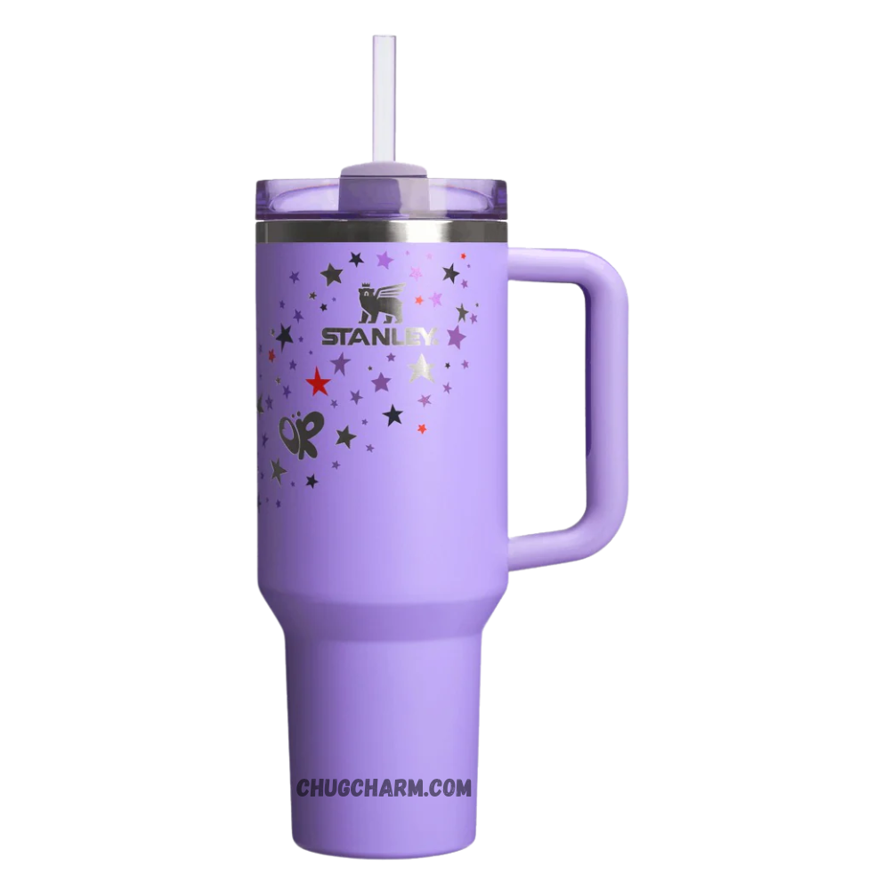 Stanley 40 oz Tumbler X Olivia Rodrigo edition with a unique design, durable handle, and double-wall insulation for optimal temperature control.