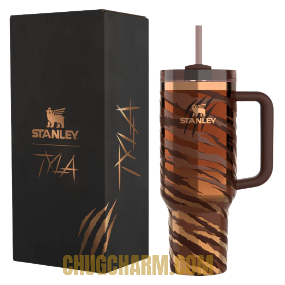 Front view of Stanley Tyla Tyger Tumbler 40 OZ showcasing its bold tiger-striped limited edition design.