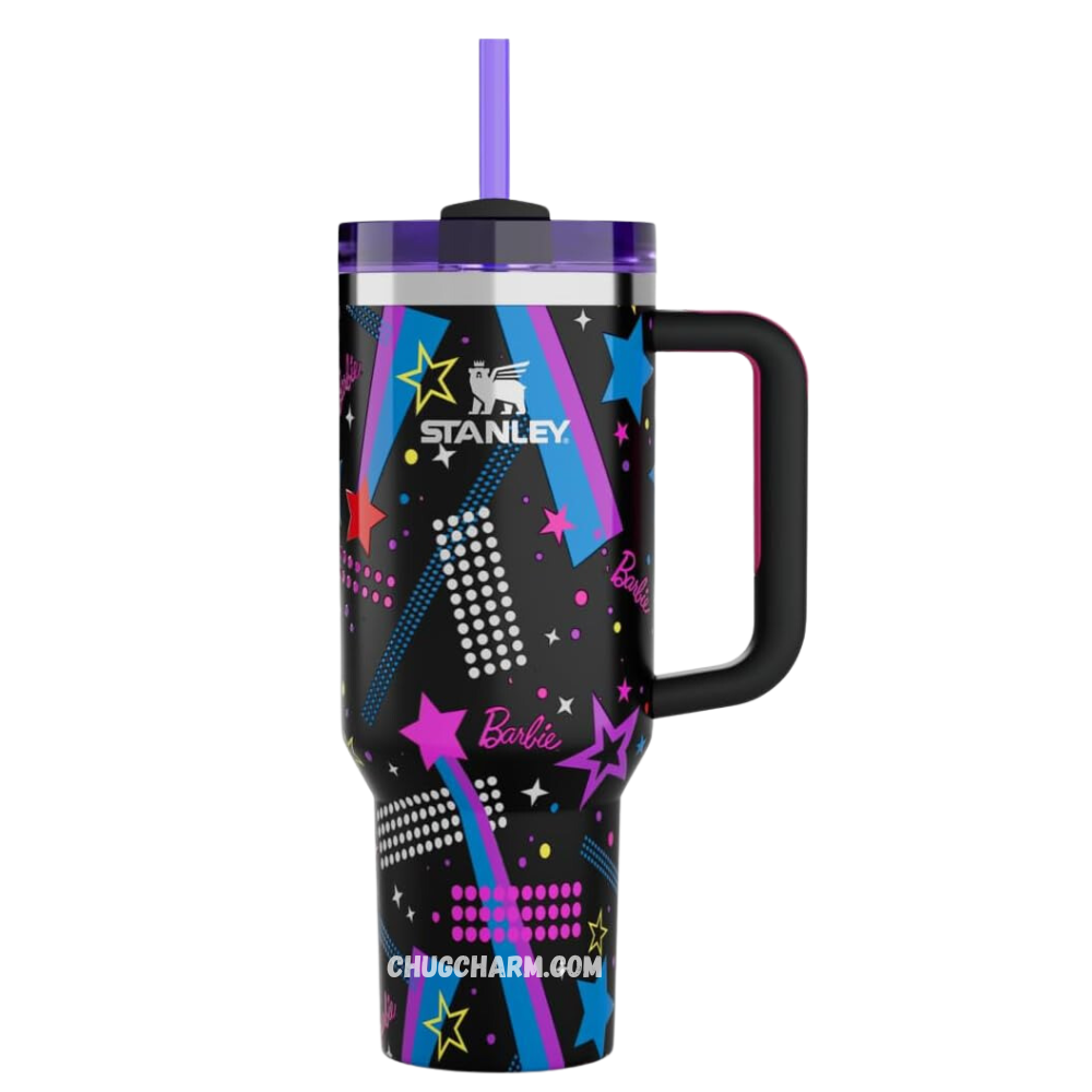 Stanley X Barbie 80s Rockers 40oz Tumbler – retro-inspired insulated tumbler featuring vibrant 80s rock style design.