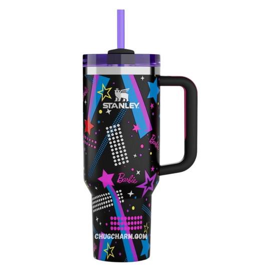 Stanley X Barbie 80s Rockers 40oz Tumbler – retro-inspired insulated tumbler featuring vibrant 80s rock style design.