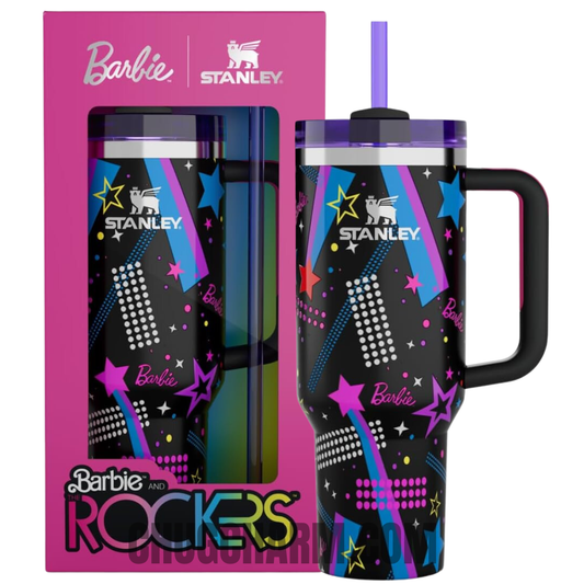 Stanley X Barbie 80s Rockers 40oz Tumbler – retro-inspired insulated tumbler featuring vibrant 80s rock style design.