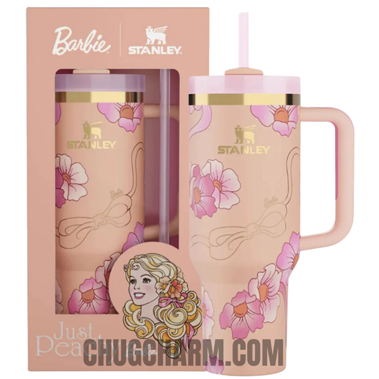 Stanley X Barbie Peaches 'N Cream 40oz Tumbler – elegant insulated tumbler with a soft peach design inspired by the iconic Barbie gown.