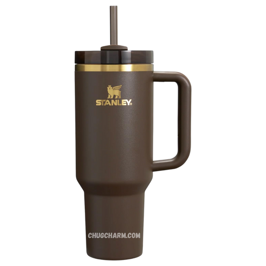 Stanley X Wicked Elphaba Chocolate Gold 40oz Tumbler with a stylish design, durable handle, and double-wall insulation for maintaining drink temperature.