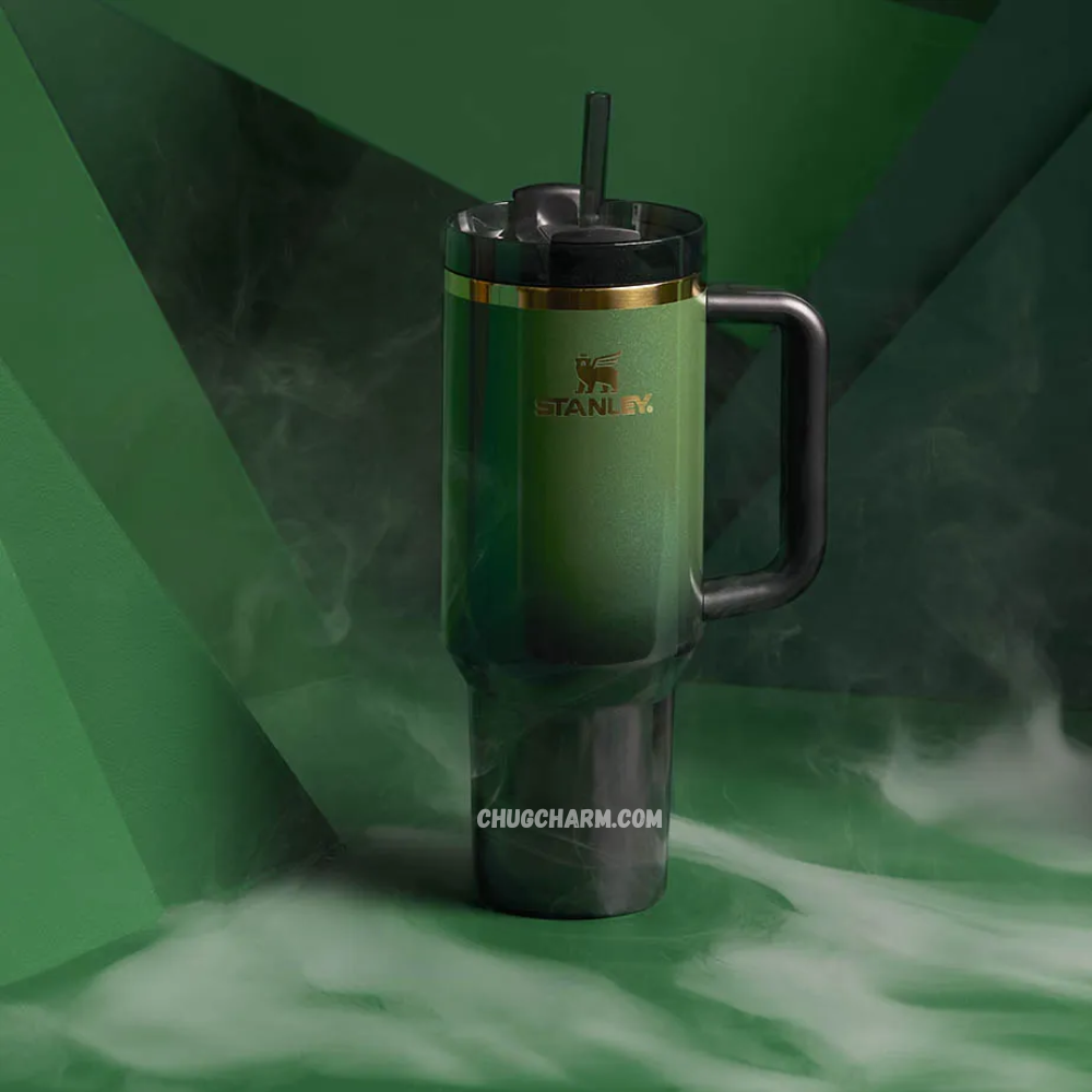 Stanley X Wicked Elphaba Green 40 oz Tumbler with a distinctive design, durable handle, and double-wall insulation for superior temperature retention.