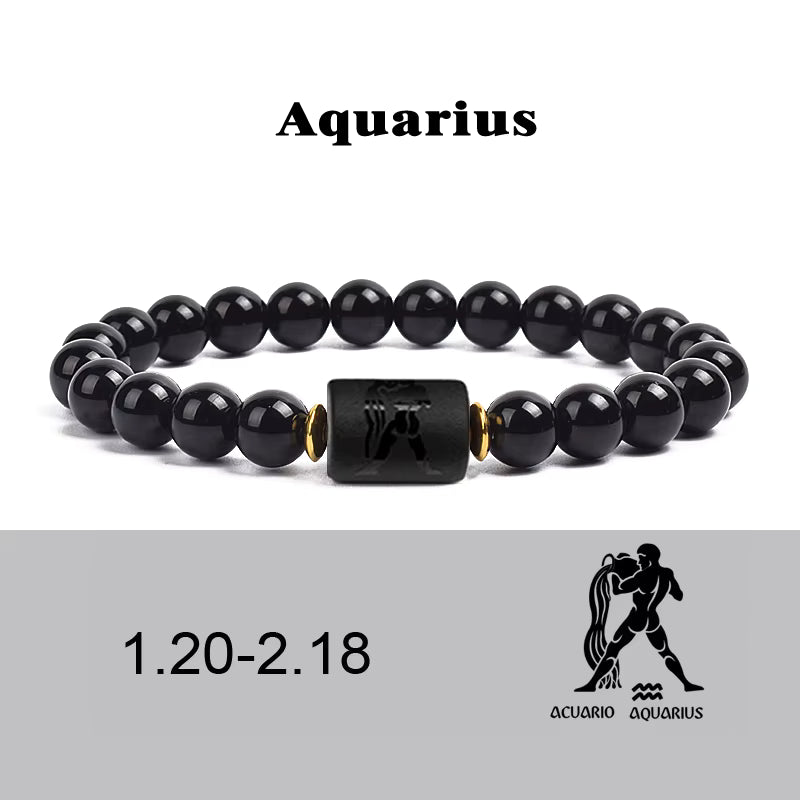 Beaded Bracelet Zodiac Constellation Black Lava Stone Elastic Unisex