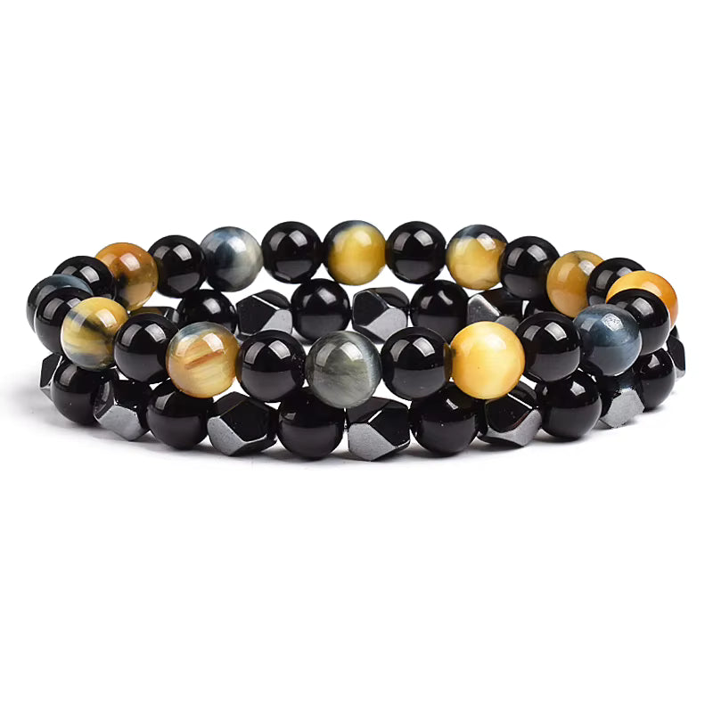 Couples Beaded Bracelet Set Natural Hematite Black Obsidian Tiger Eye
