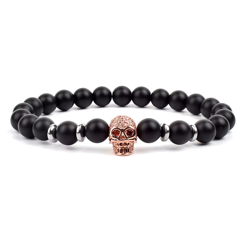 Crown Charm Beaded Bracelet Matte Black Onyx Hematite with Micro CZ