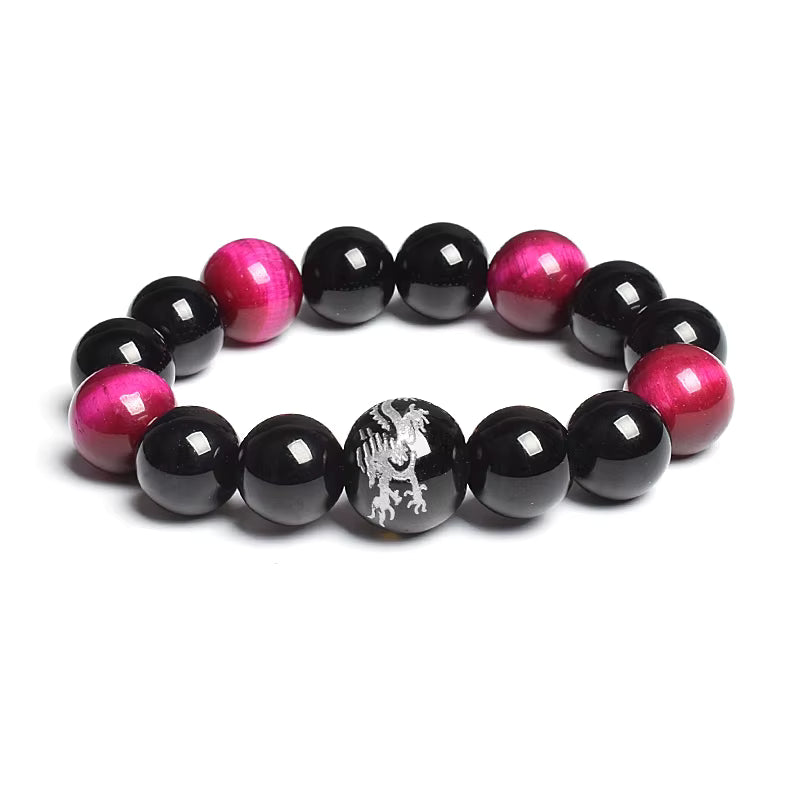 Men's Tiger Eye Stretch Bracelet 12mm Black Agate Dragon King Carved