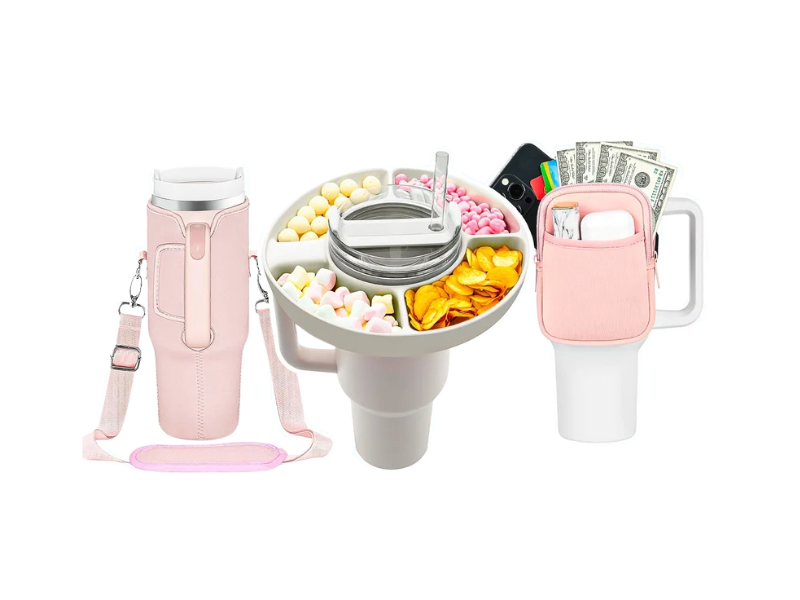 Variety of accessories for Stanley tumblers, including lids, straw covers, and handles