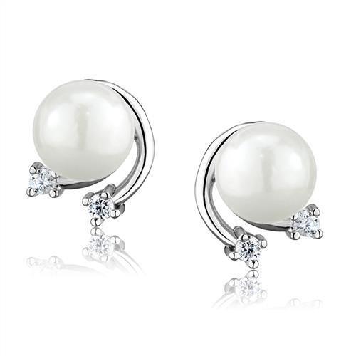 3W1279 - Rhodium Brass Earrings with Synthetic Pearl in White-0
