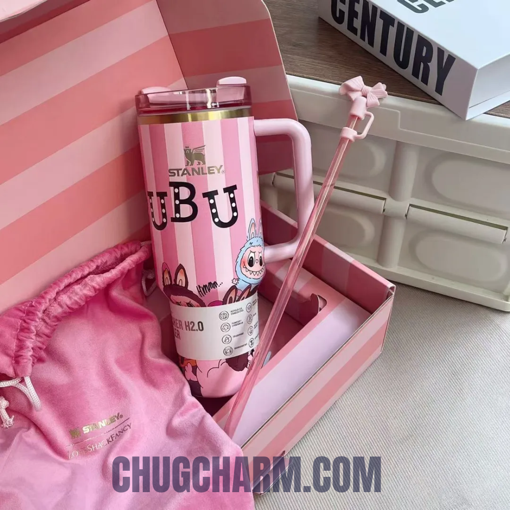 Stanley Labubu cup 40oz pink insulated tumbler for hot and cold drinks kawaii monster